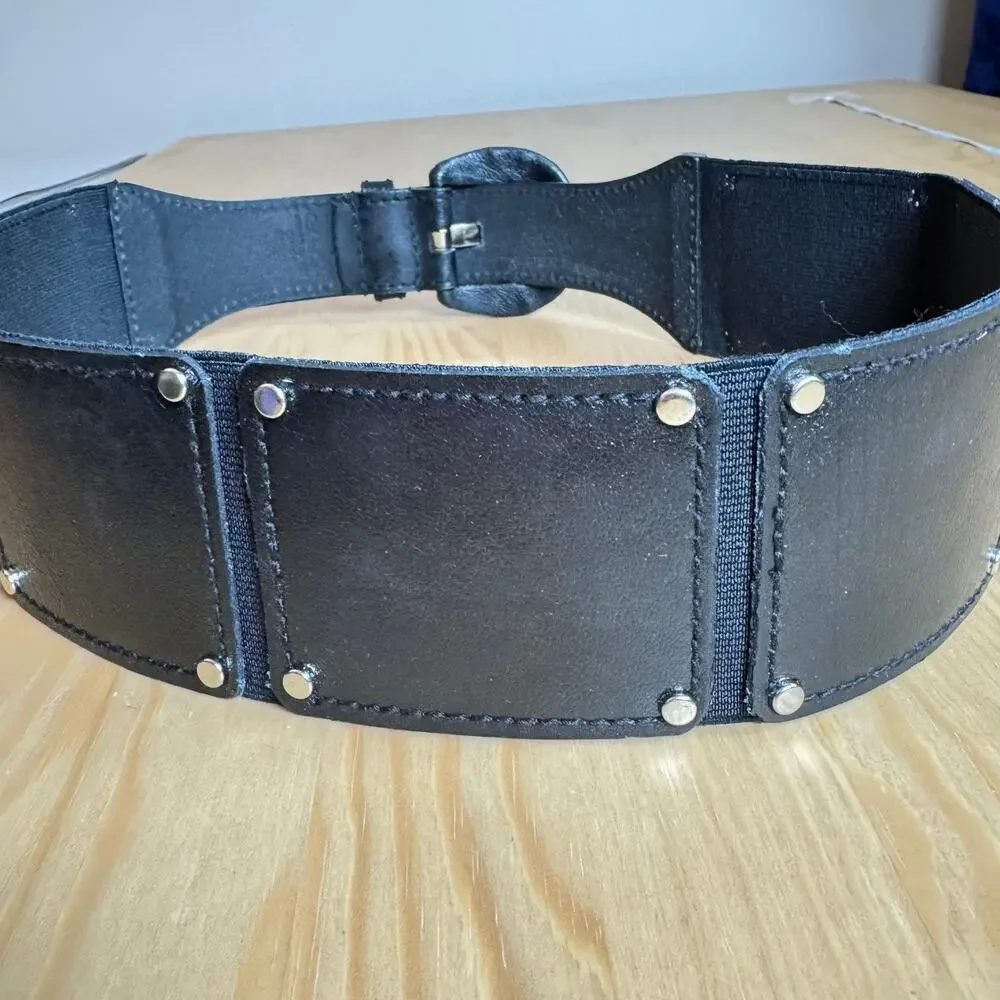 Calvin Klein women’s Belt Black Leather Stretch Studded Silver 90s M/L
